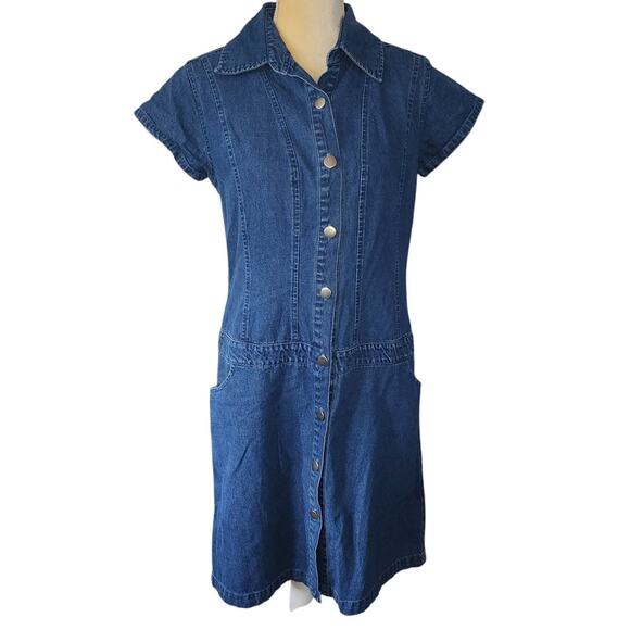 Expressions 90s Blue Denim Button-Up Short Sleeved Pockets Dress Size Medium - Picture 1 of 6